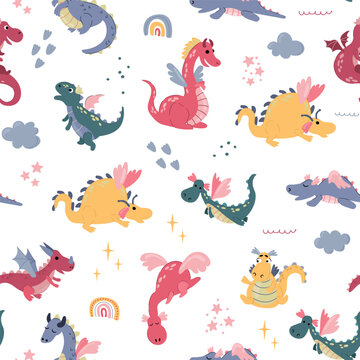 Seamless pattern with cute hand drawn dragons. Design for fabric, textile, wallpaper, packaging. © Helga KOV