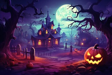Fototapeta premium Dark pink and magenta colored cartoon of the moon above a Halloween village with scary pumpkins and trees. Halloween Background. Generative AI