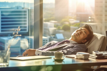 Businessman taking a nap at the company desk, Generative AI - obrazy, fototapety, plakaty