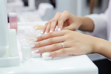 Hand of a woman receiving treatment at a nail salon, Generative AI