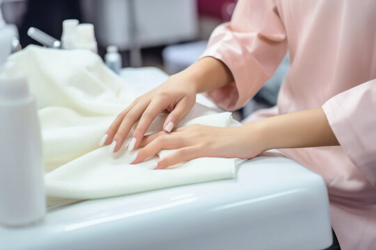 Hand of a woman receiving treatment at a nail salon, Generative AI