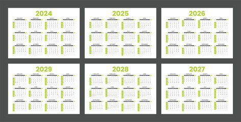 Set of calendars for 2024, 2025, 2026, 2027, 2028 and 2029. Minimalist style calendar. Week starts from Sunday