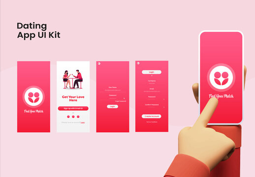 Dating App UI Kit for Responsive Mobile Application or Website with Multiple GUI Including Login, Sign Up, Create Account Type Screens.