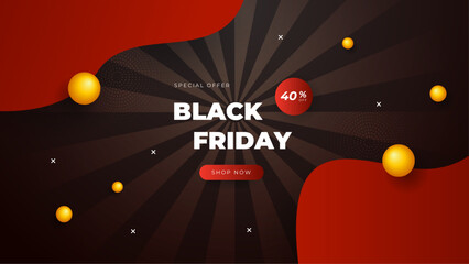 Black Friday sale typographic design. Red background with red and black balloons for seasonal discount offer