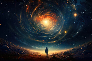 Fototapeta premium Man walking through the universe. Generative AI