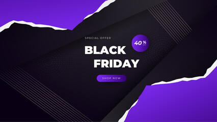Black Friday Sale Poster. Seasonal discount banner with balloons and purple on black background. Holiday design template for advertising shopping, closeout on thanksgiving day