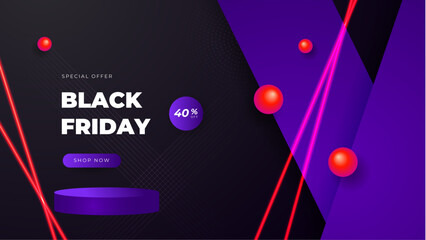 Black friday special offer. Social media web banner for shopping, sale, product promotion. Background for website and mobile app banner, email. Vector illustration in black and purple colors.