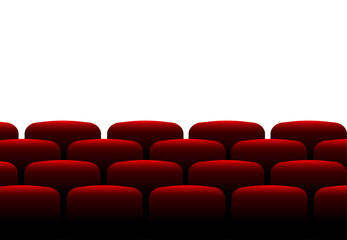 Cinema hall with red seats and blank white screen. Movie premiere. Vector