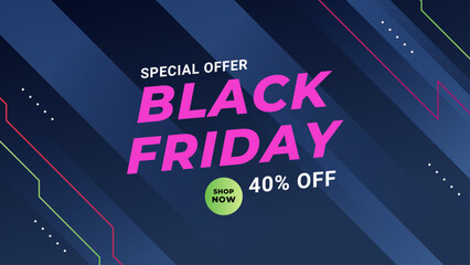 Black Friday sale website banner design with geometric colorful element.