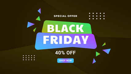 Black Friday banner with text Super Sale for discount and promotion. Colorful realistic sticker, banner for sale, shopping, market, business theme. Design elements for poster. Vector Illustration