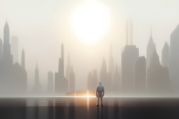 A man standing in front of future city, Generative AI.