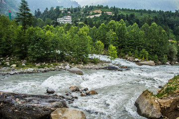 Beas river in Manali flooded during Monsoons