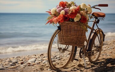 Fototapeta na wymiar A colorful bicycle with a basket full of vibrant flowers against a beautiful beach backdrop. AI