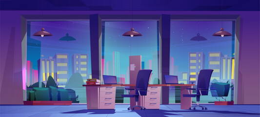 Company office interior at night. Vector cartoon illustration of dark room with large windows, laptops and folders on desks, chairs, lamps. Cityscape buildings, starry sky view. Business workspace