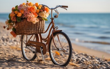 Fototapeta na wymiar A colorful bicycle with a basket full of vibrant flowers against a beautiful beach backdrop. AI