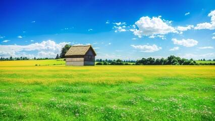 Fototapeta na wymiar house in the green field. Green field on the background of blue sky. wallpaper. Illustration. Generative AI.