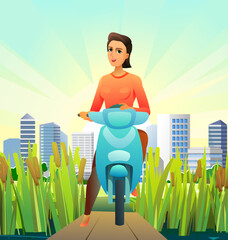 Girl on scooter on country trip. Stand on wooden bridge across river. Against backdrop of city. Fun cartoon style. Vector