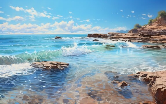 Ocean with rocks and water. AI