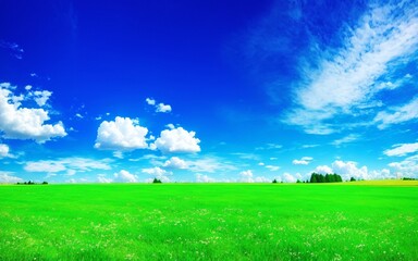 Fototapeta na wymiar green field and blue sky with clouds. beautiful countryside of Romania sunny. wallpaper. Illustration. Generative AI.