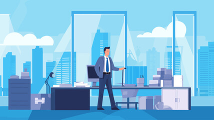 Concept vector illustration of a businessman working in an office.