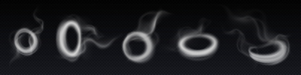 Smoke steam circle ring vector cloud effect. 3d realistic vape or hookah fog line swirl art. Magic transparent smoky puff shape template. isolated abstract creative vapour overlay trail