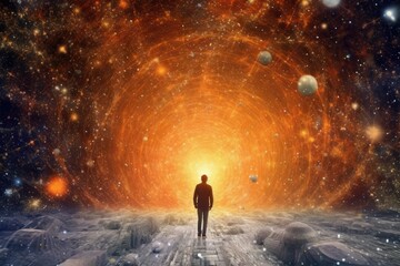 Man walking through the universe. Generative AI - obrazy, fototapety, plakaty