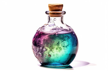 Magic potion in glass bottle on white background