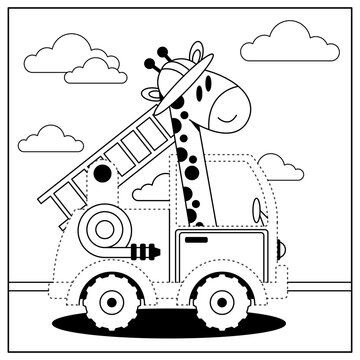 children's educational game. logical tasks. mathematics. coloring book. connect the dots. giraffe. fire truck. car