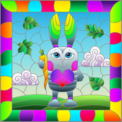 A stained glass illustration with a cute cartoon rabbit on a background of leaves and sky in a bright frame