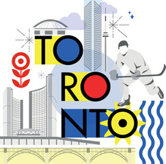 Typography word Toronto branding technology concept. Collection of flat vector web icons. Canadian culture travel set, architectures, specialties detailed silhouette. Doodle American famous landmark