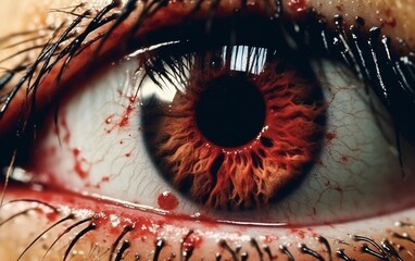 A close up of an eye with blood all over it. AI
