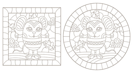 A set of contour illustrations in the style of stained glass with cute cartoon mice, dark contours on a white background