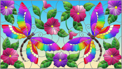 Fototapeta na wymiar Stained glass illustration with bright dragonflies, leaves and flowers on a blue sky background