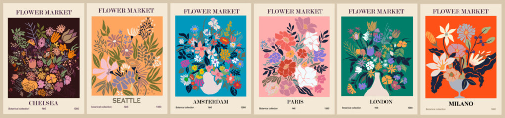 Set of abstract Flower Market posters. Trendy botanical wall arts with floral design in bright colors. Modern naive groovy funky interior decorations, paintings. Vector art illustration. - obrazy, fototapety, plakaty