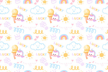 pattern with cute unicorns, clouds, rainbow and stars. Magic background with unicorns. Watercolor style.  