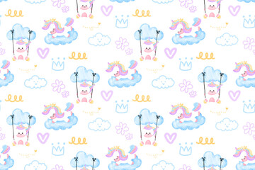 pattern with cute unicorns, clouds, rainbow and stars. Magic background with unicorns. Watercolor style.  