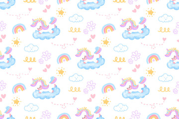 Fototapeta na wymiar pattern with cute unicorns, clouds, rainbow and stars. Magic background with unicorns. Watercolor style. 