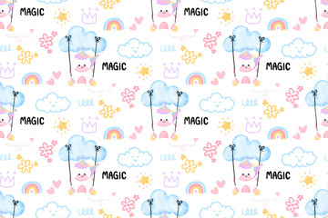 pattern with cute unicorns, clouds, rainbow and stars. Magic background with unicorns. Watercolor style.  