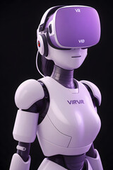 Obraz na płótnie Canvas Robotic Innovation: 3D Blue screen robot wearing VR headset, Generated AI