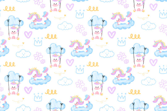 pattern with cute unicorns, clouds, rainbow and stars. Magic background with unicorns. Watercolor style.  