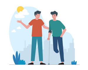 Patient without leg walking outside, talking with young friend. Concept of helping and recovering people with special needs. Flat vector illustration in cartoon style