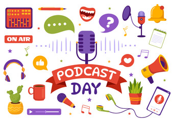 International Podcast Day Vector Illustration on September 30 with Broadcasting Studio Tools to Event Livestream in Cartoon Hand Drawn Templates