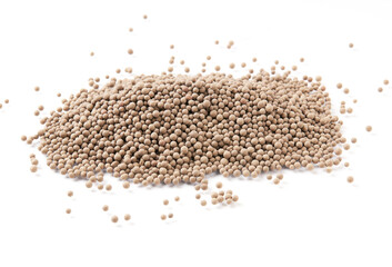 Top view of dried silica gel granules, coarse grained brown granules scattered isolated on white background.
