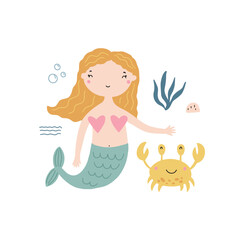 Vector illustration of a cute little mermaid surrounded by nautical elements for your design.