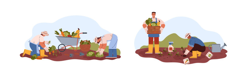 Set of happy people harvesting vegetables flat style, vector illustration