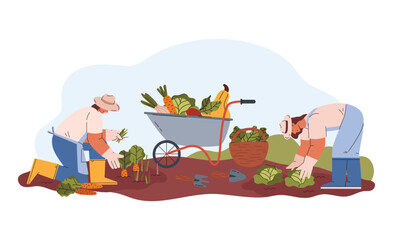 Smiling young woman in hats and gloves harvesting carrots and cabbages flat style