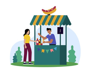 Adult male selling street food outdoors. Kiosk with fast food and coffee, summer trading tents with vendors and customers. Flat vector illustration in cartoon style