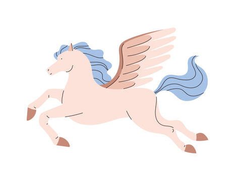 Pegasus flat vector illustration, horse with wings isolated cartoon character on white background, mythical creatures