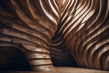 Abstract wooden pattern, twisted architecture details, future building design perspective, parametric wall. 3D rendering. Generative AI