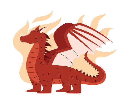 Mythical fairy red dragon vector illustration isolated white background, cartoon reptile with wings in flames